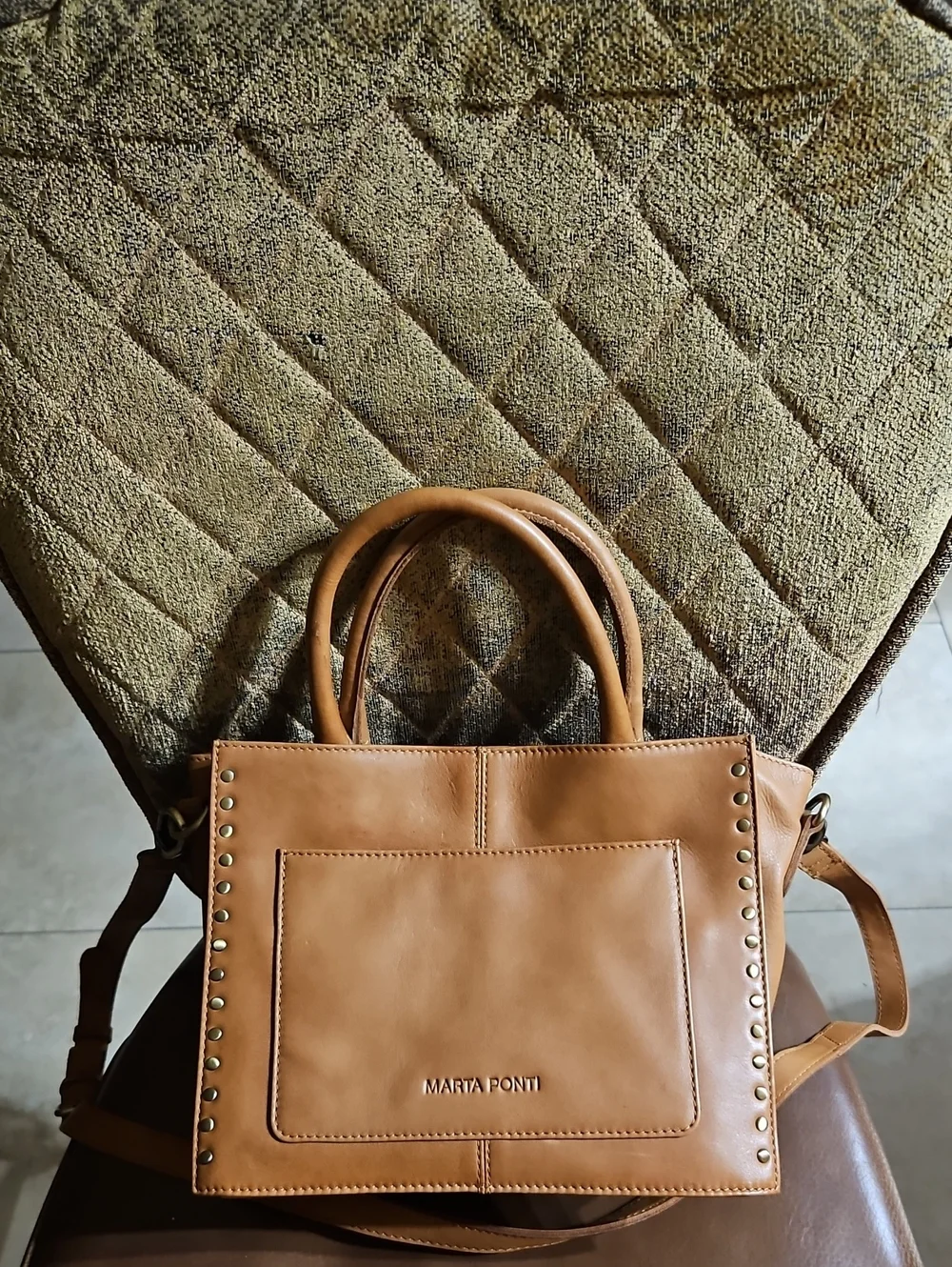Marta Ponti Brown Leather Stud-Trim Turnlock Crossbody Shoulder Satchel Bag Boho